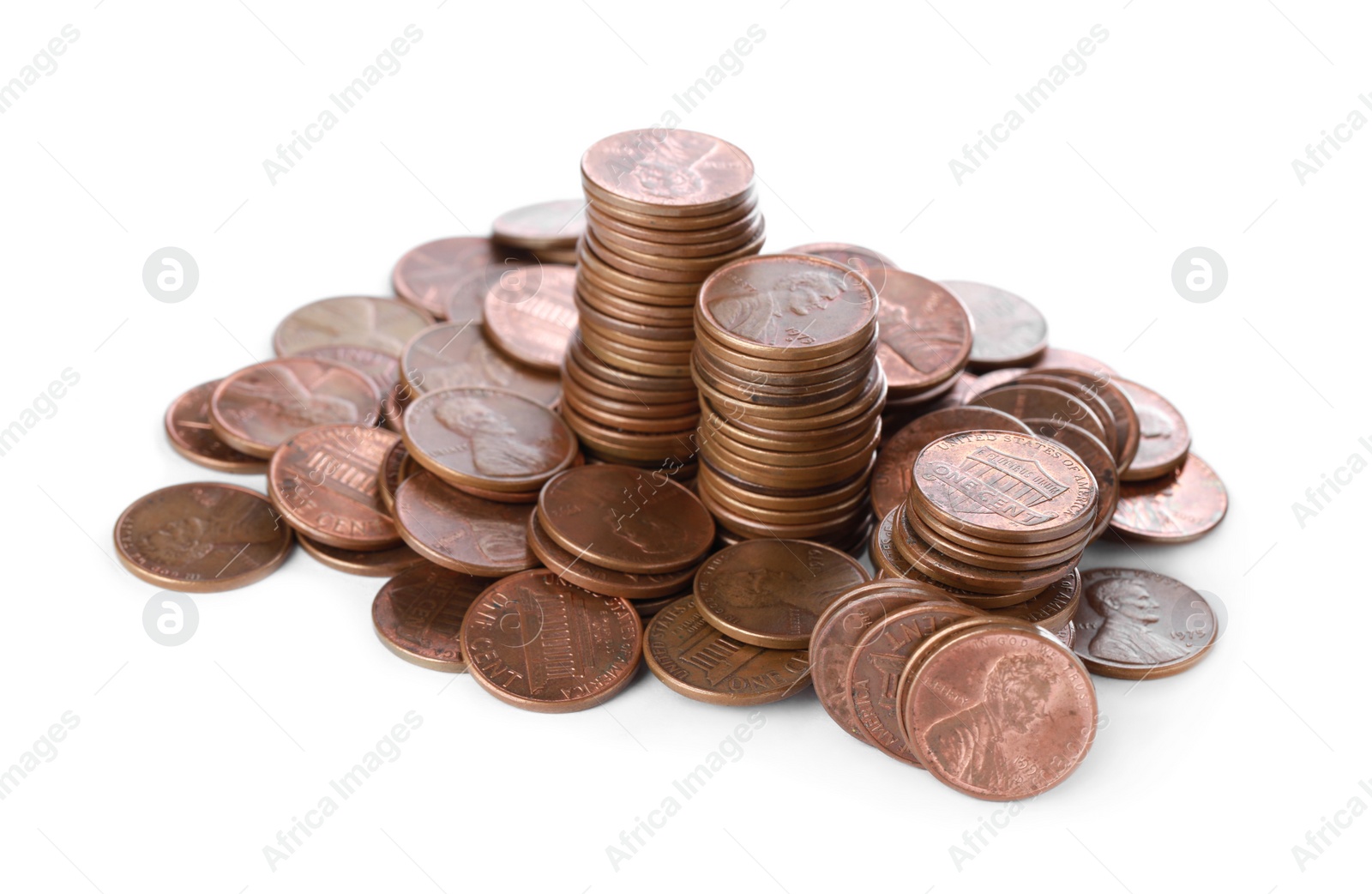 Photo of Many different American coins on white background