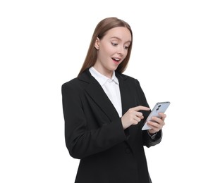 Photo of Woman sending message via smartphone isolated on white