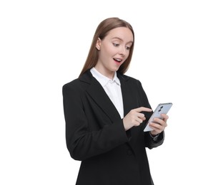 Woman sending message via smartphone isolated on white