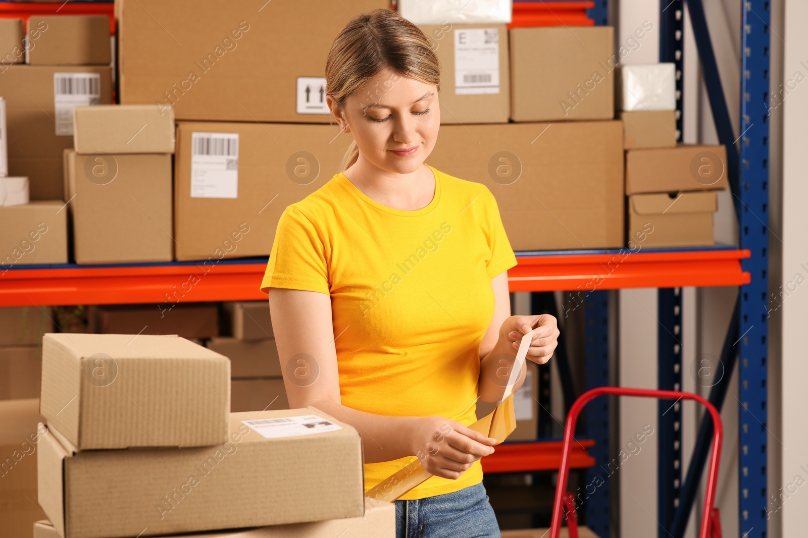 Photo of Post office worker with adhesive paper bag indoors