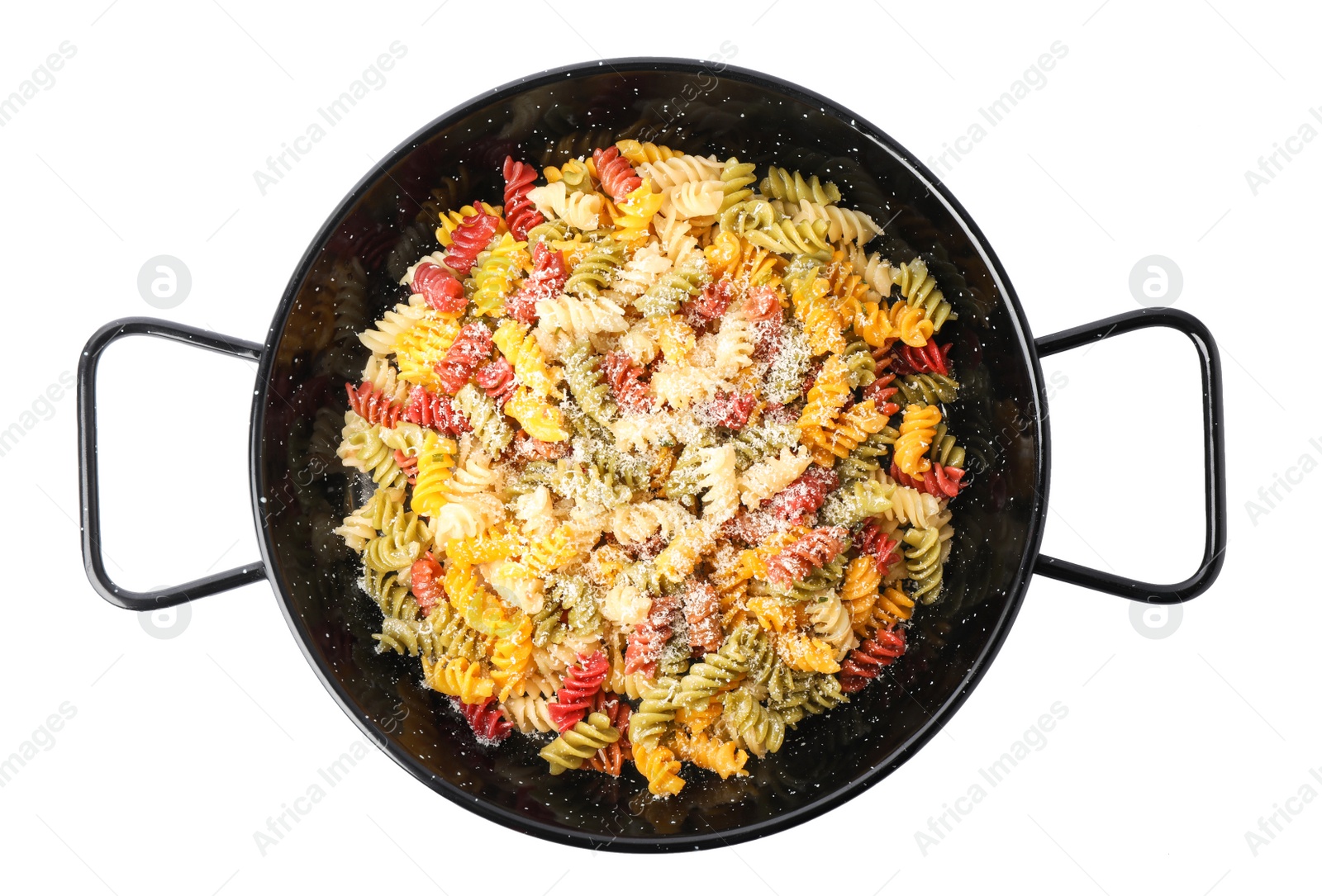 Photo of Colorful pasta with cheese in frying pan isolated on white, top view
