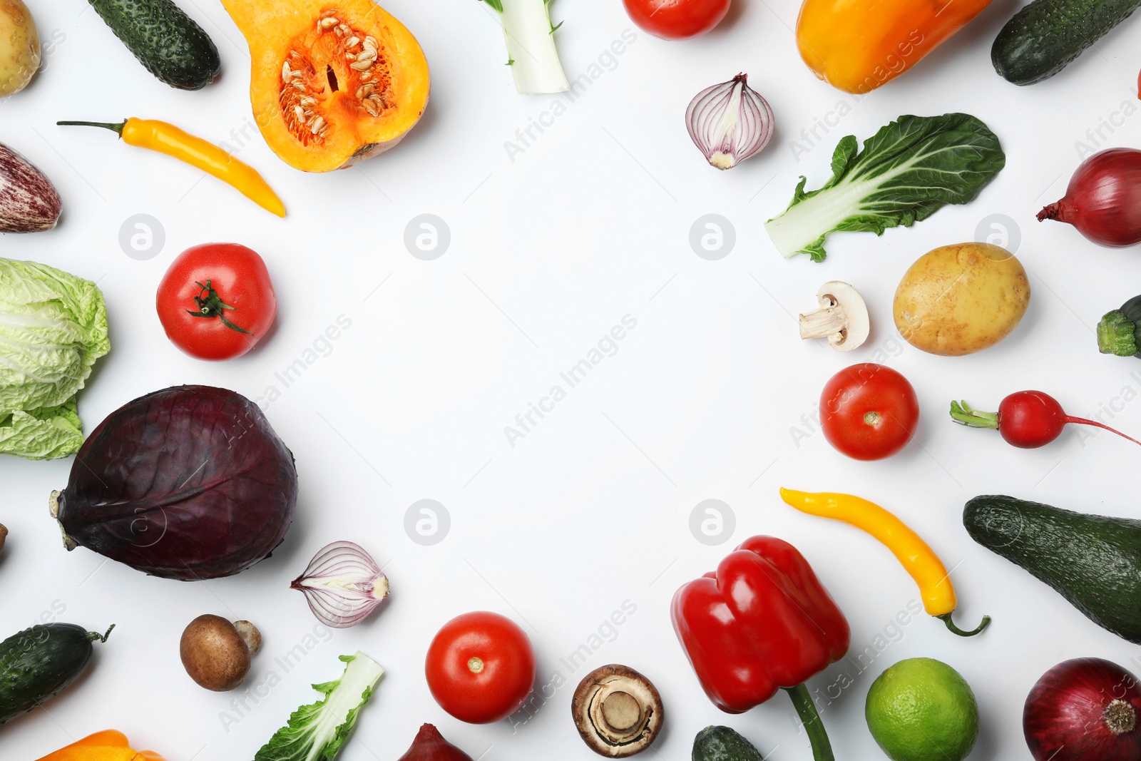 Photo of Frame made of fresh ripe vegetables on white background, flat lay. Space for text