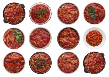 Image of Set of lecho in dishware on white background, top view