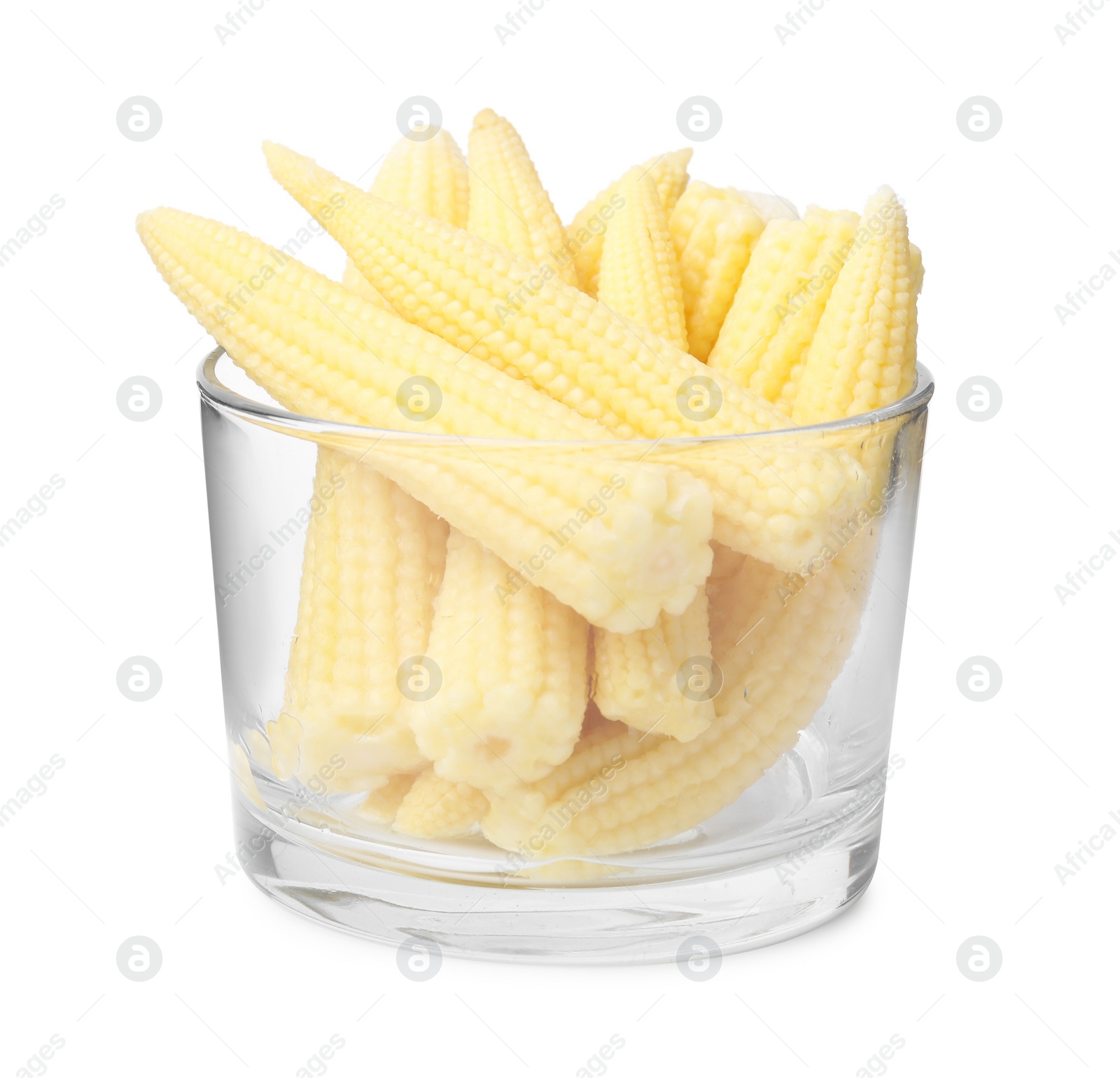 Photo of Tasty fresh baby corn in glass isolated on white