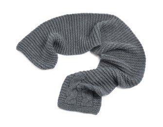 One grey knitted scarf on white background, top view