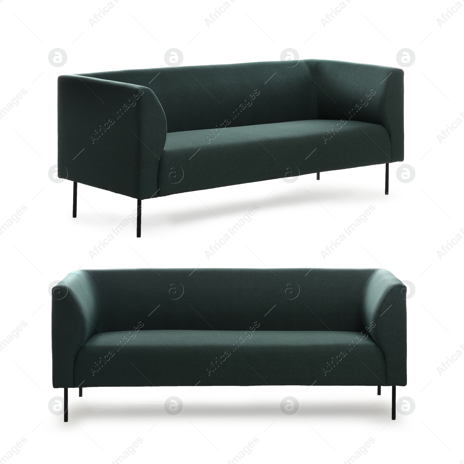 Image of Stylish comfortable green sofas on white background, collage