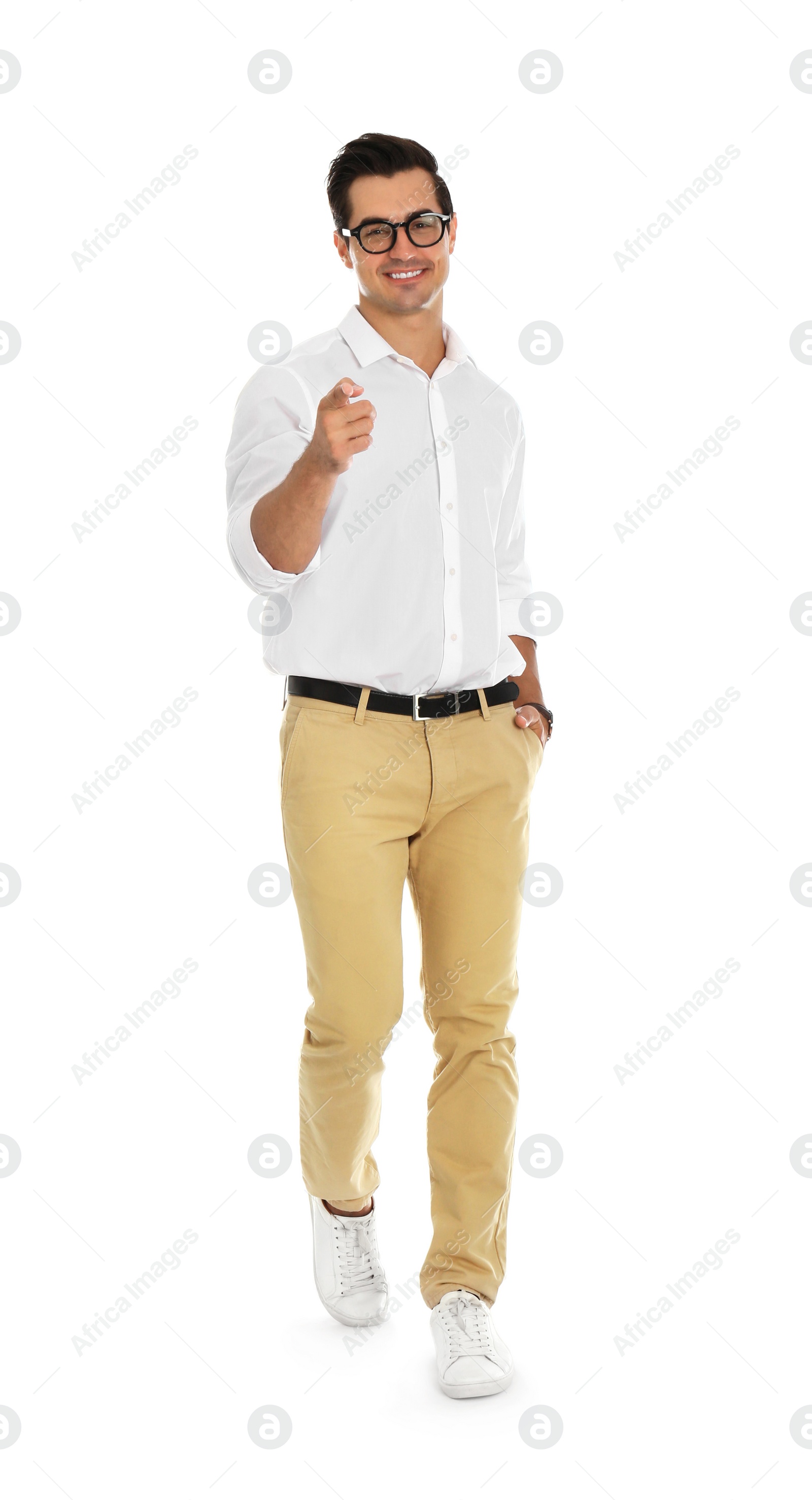 Photo of Professional business trainer pointing on something, white background