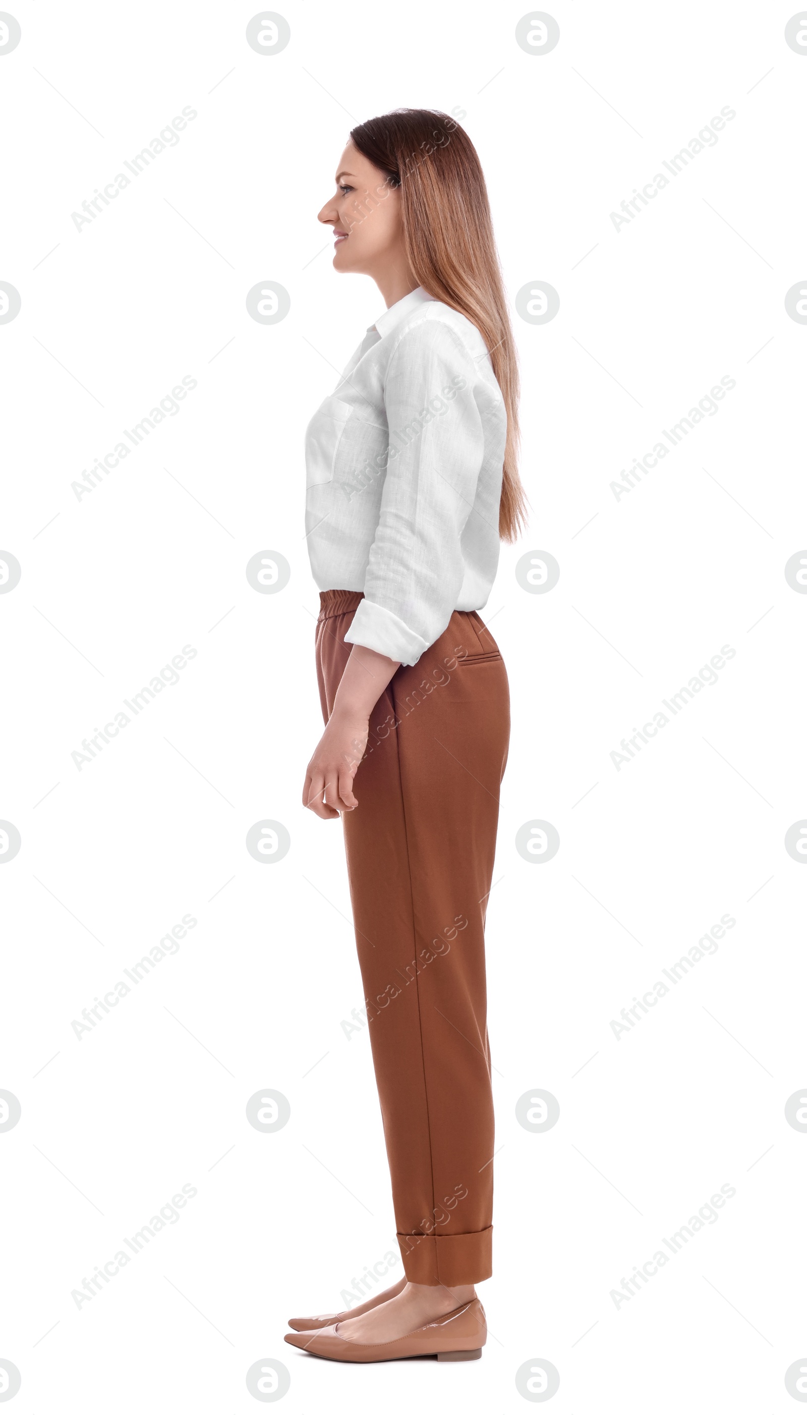 Photo of Beautiful business woman posing on white background