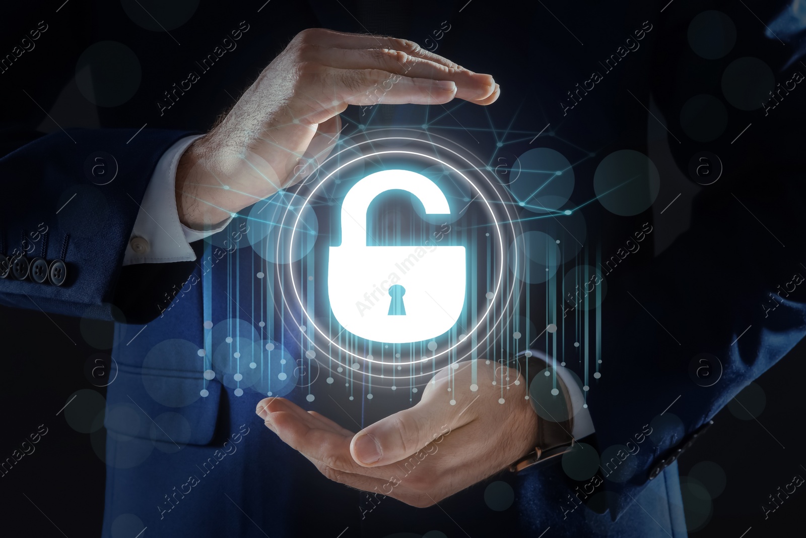 Image of Cyber security concept. Man demonstrating padlock illustration, closeup 