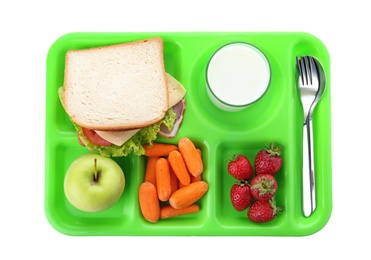 Serving tray with healthy food on white background, top view. School lunch