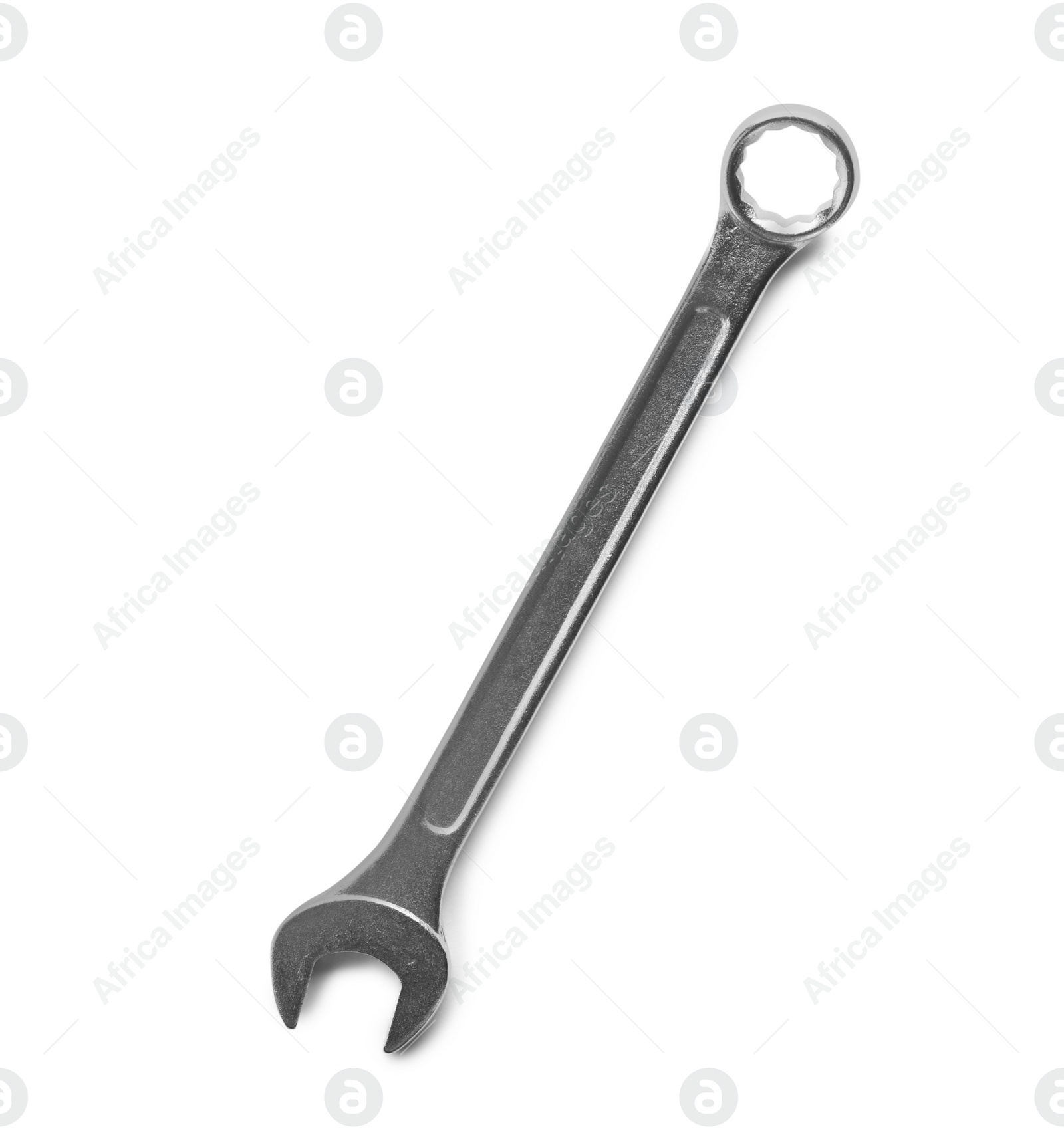 Photo of New combination wrench on white background, top view. Plumber tools