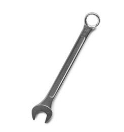 Photo of New combination wrench on white background, top view. Plumber tools