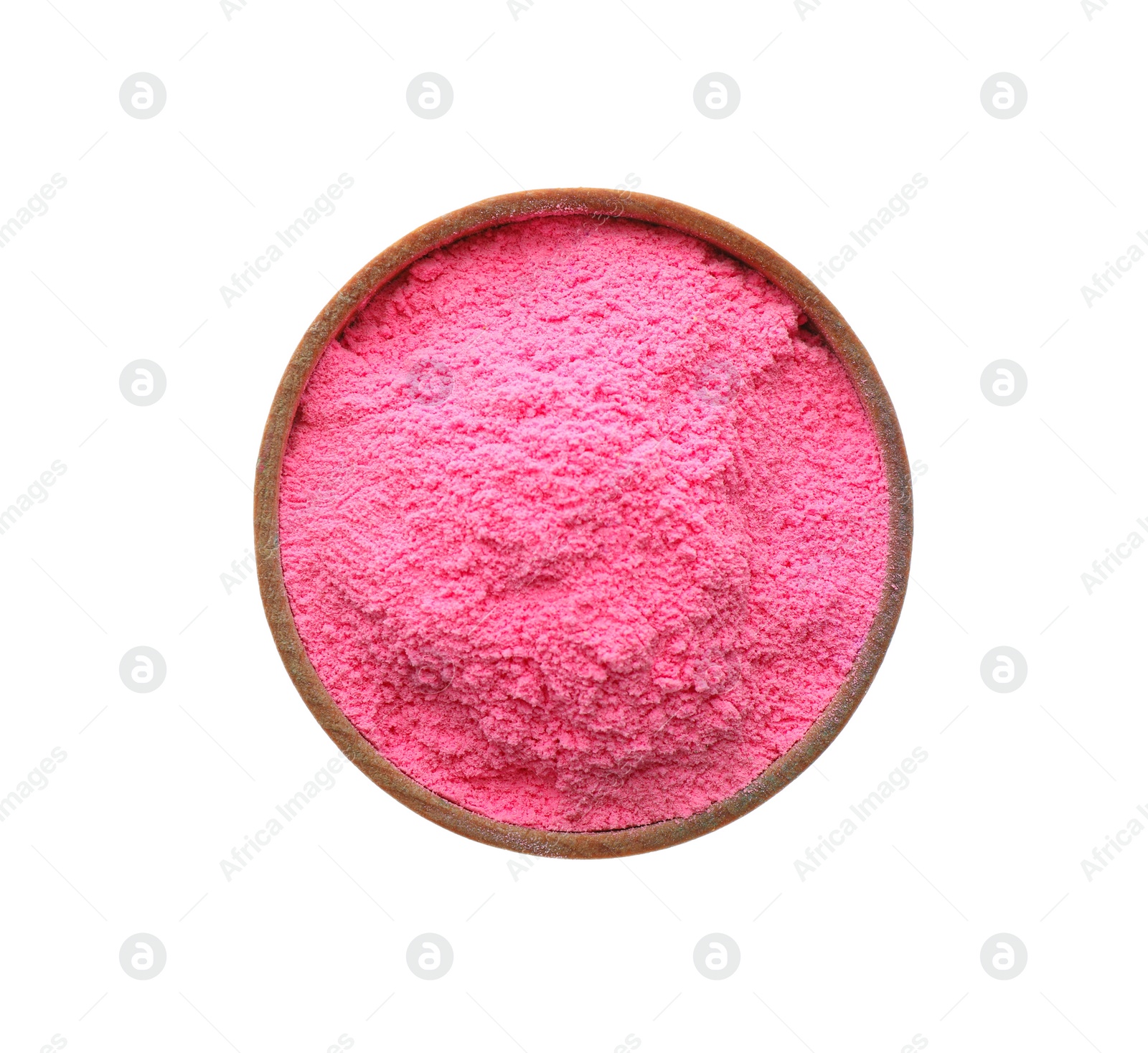 Photo of Pink powder in bowl isolated on white, top view. Holi festival celebration