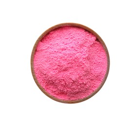 Pink powder in bowl isolated on white, top view. Holi festival celebration