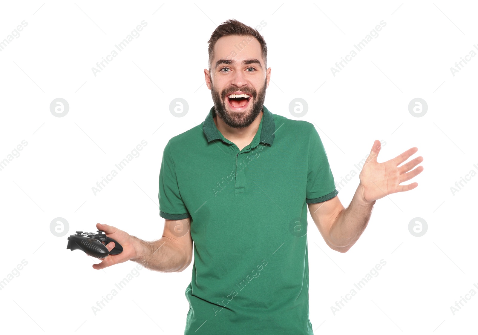 Photo of Emotional young man playing video games with controller isolated on white