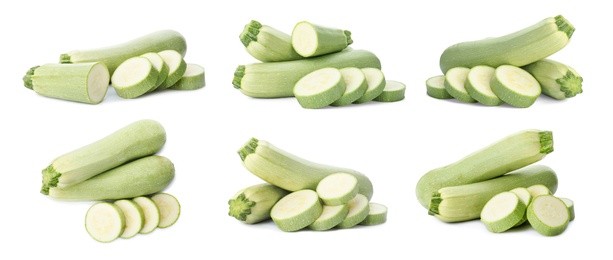 Image of Set of cut and whole squashes on white background, banner design