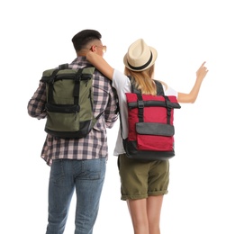 Photo of Couple with backpacks on white background, back view. Summer travel
