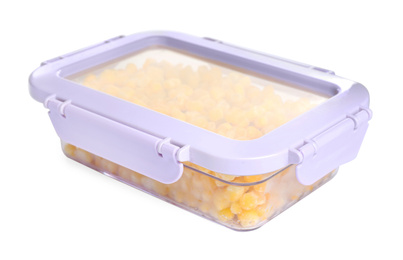 Photo of Frozen corn in plastic container isolated on white. Vegetable preservation