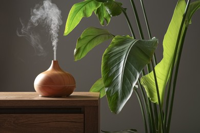 Photo of Air humidifier on chest of drawers near green houseplant against grey wall