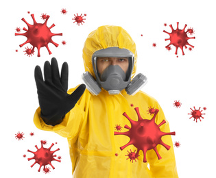 Man wearing chemical protective suit showing STOP gesture on white background. Prevention of virus spread