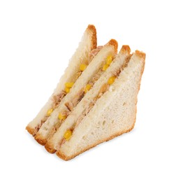 Photo of Delicious sandwich with tuna and corn on white background