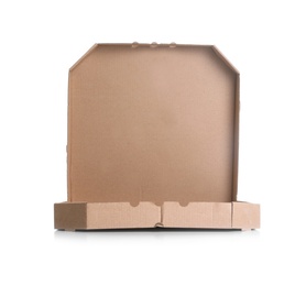 Open cardboard pizza box on white background. Mockup for design