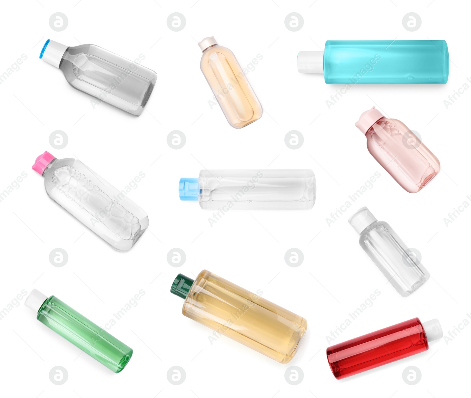 Image of Set with bottles of micellar cleansing water on white background, top view