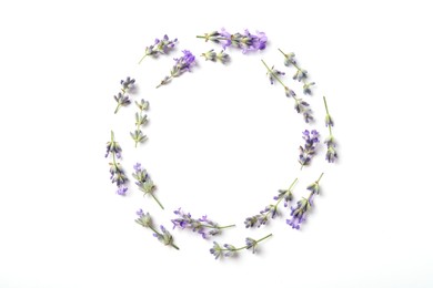 Photo of Frame of beautiful aromatic lavender flowers on white background, flat lay. Space for text