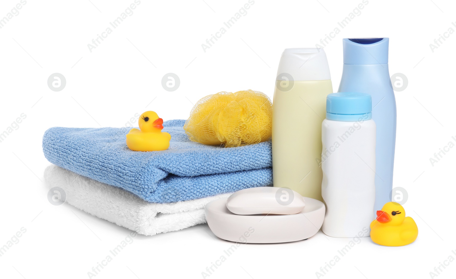 Photo of Baby cosmetic products, bath ducks, sponge and towels isolated on white