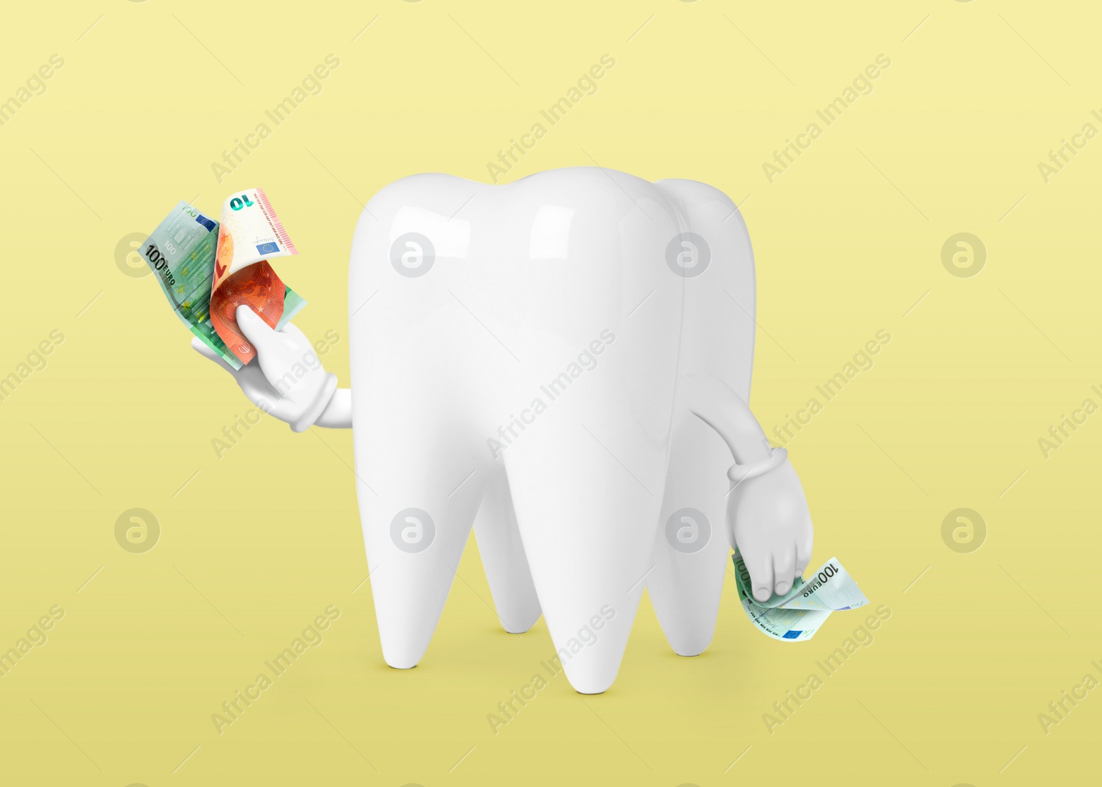 Image of Funny model of tooth with euro banknotes on yellow background. Concept of expensive dental procedures
