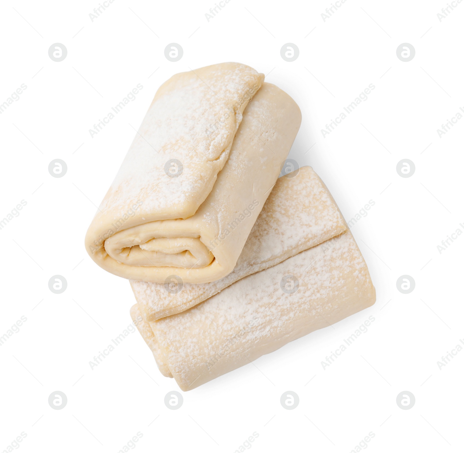 Photo of Raw puff pastry dough isolated on white, top view