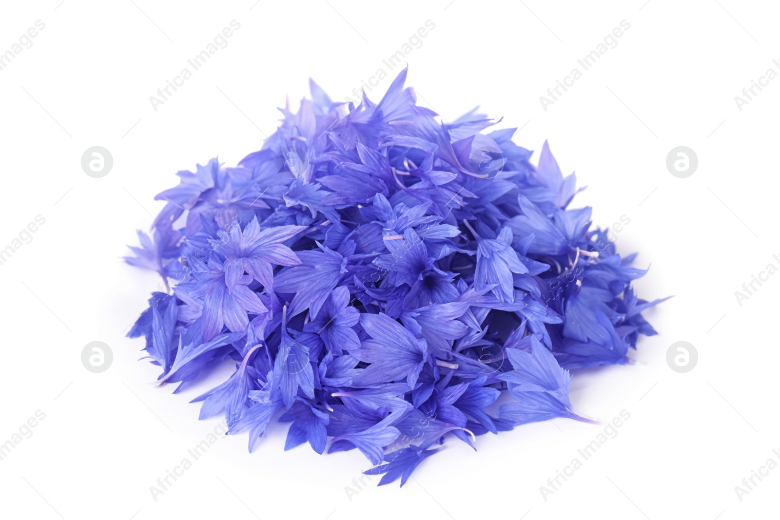 Photo of Heap of beautiful cornflower petals isolated on white