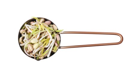 Photo of Mung bean sprouts in scoop isolated on white, top view