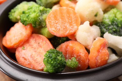 Photo of Mix of different frozen vegetables in bowl, closeup