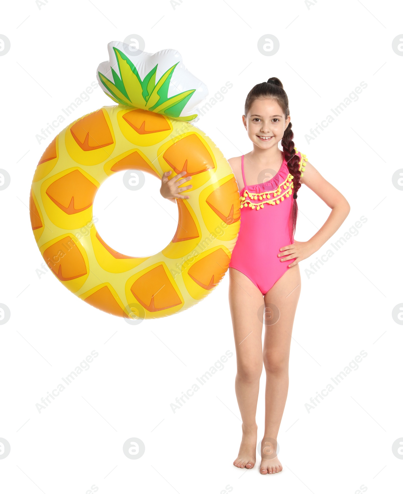 Photo of Cute little girl with bright inflatable ring on white background