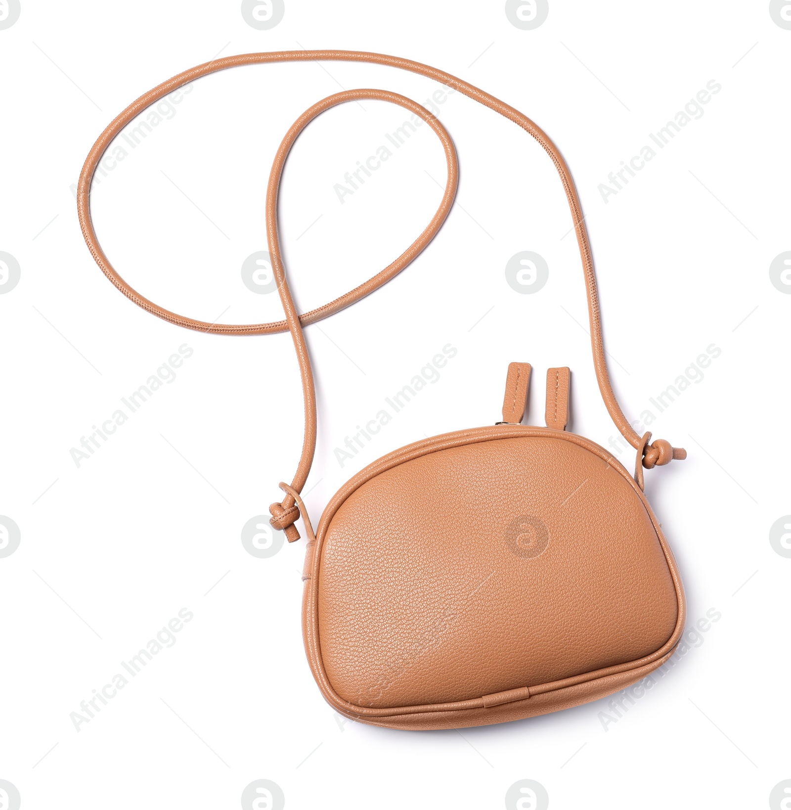 Photo of Stylish light brown leather handbag isolated on white, top view