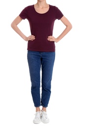 Photo of Young slim woman on white background, closeup. Weight loss