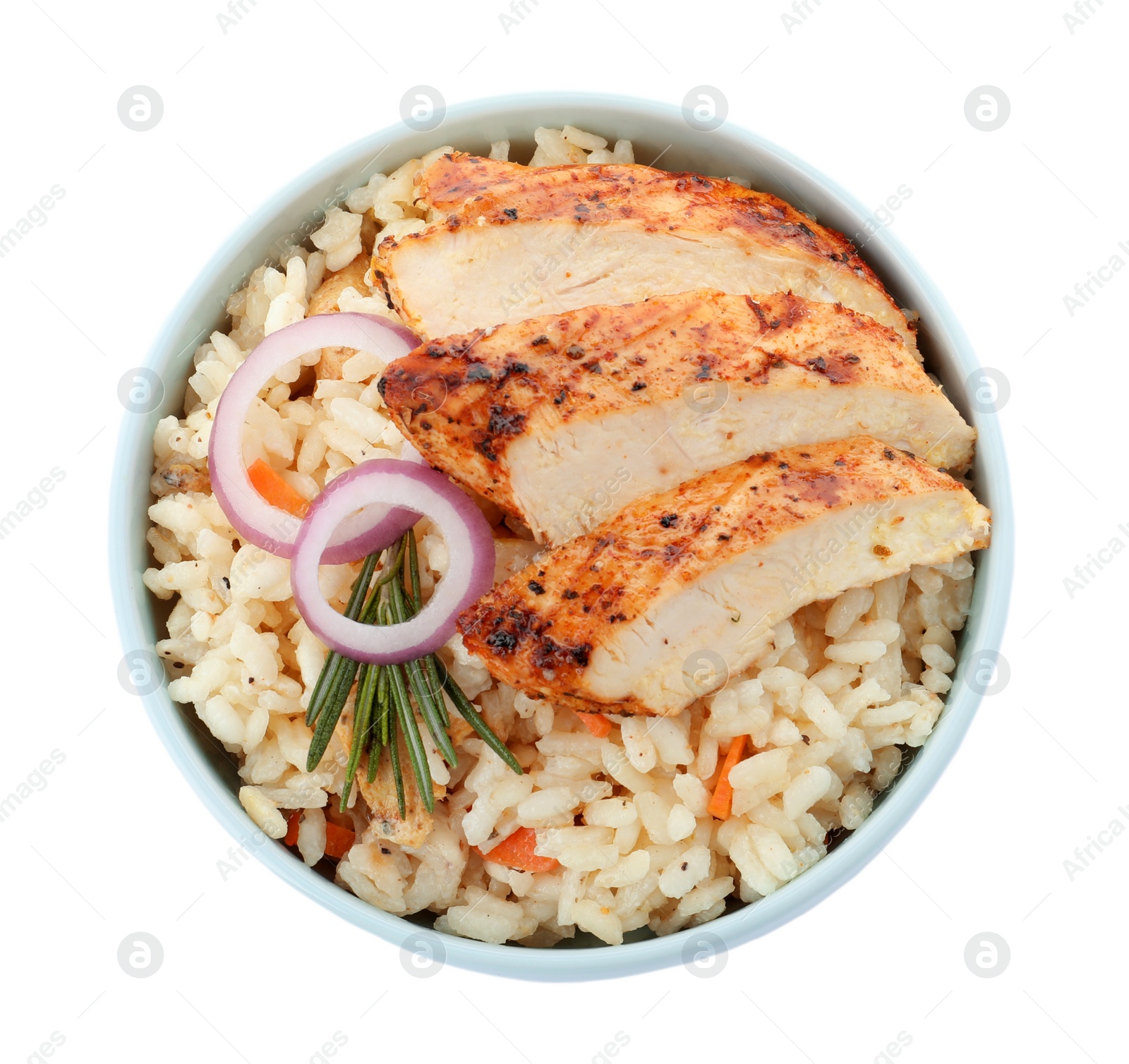 Photo of Delicious risotto with chicken isolated on white, top view