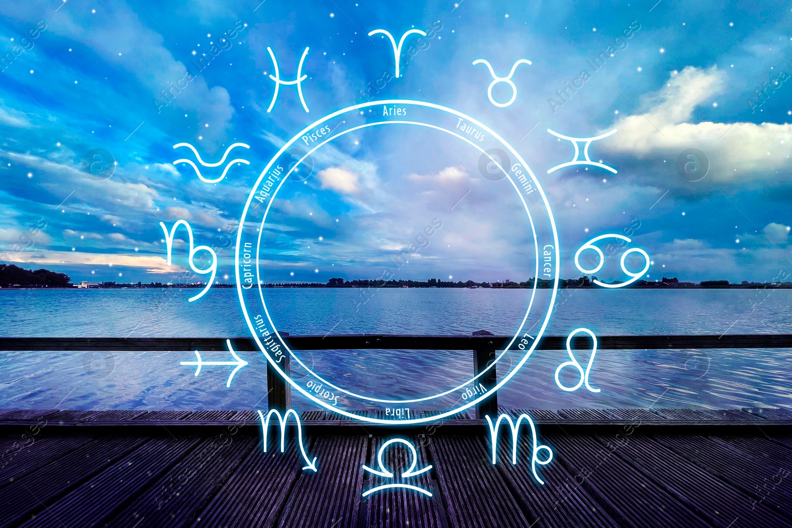 Image of Zodiac wheel and beautiful view on wooden pier under cloudy sky