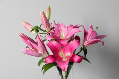 Beautiful pink lily flowers in vase against light grey background, closeup