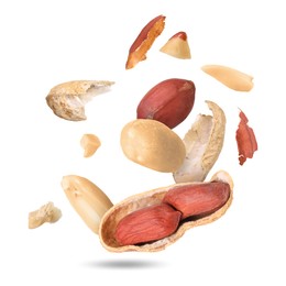 Image of Peanuts and crushed pod in air on white background