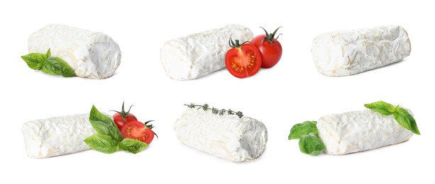 Image of Set with delicious goat cheese on white background. Banner design
