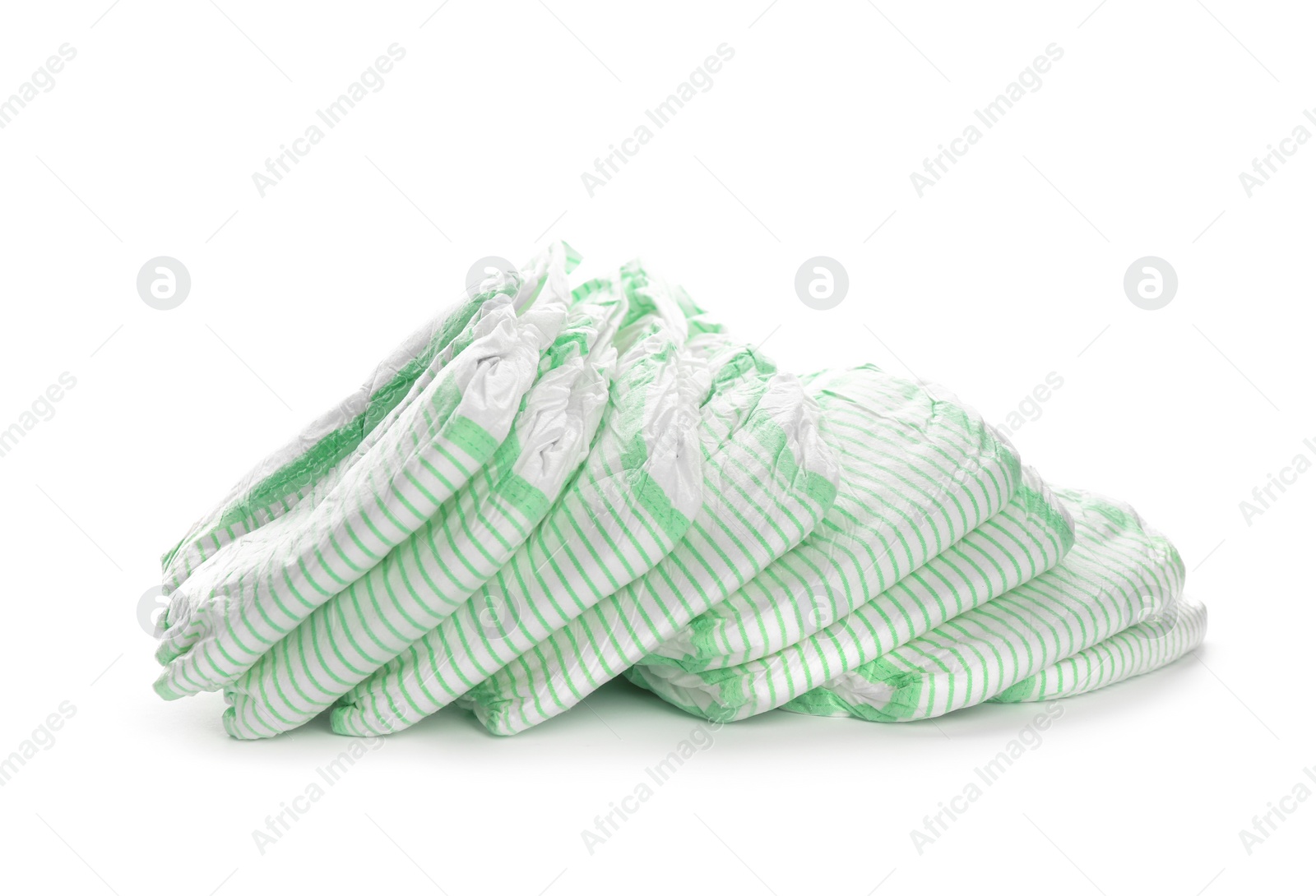 Photo of Pile of disposable diapers on white background. Baby accessories