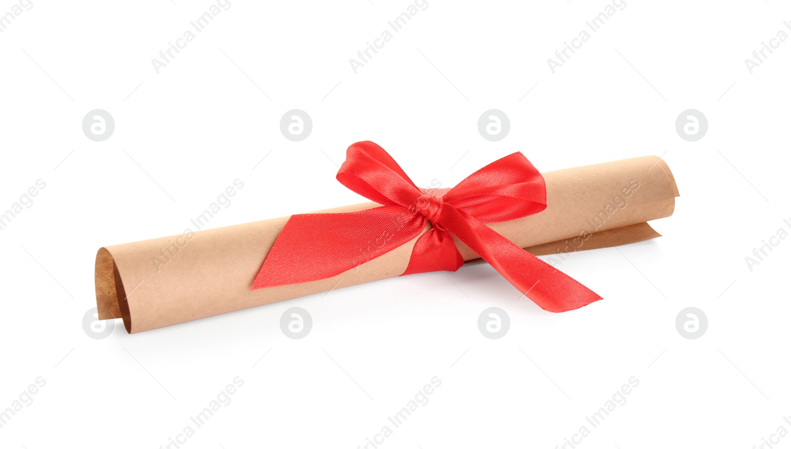 Photo of Rolled student's diploma with red ribbon isolated on white