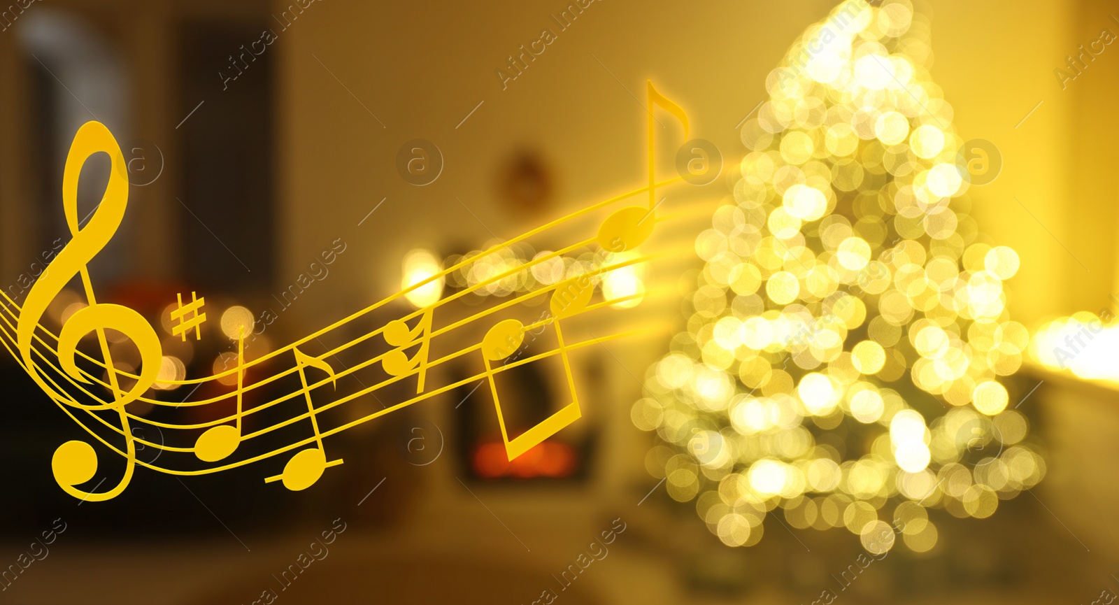 Image of Music notes and blurred view of room decorated for Christmas and New Year celebration, bokeh effect. Banner design