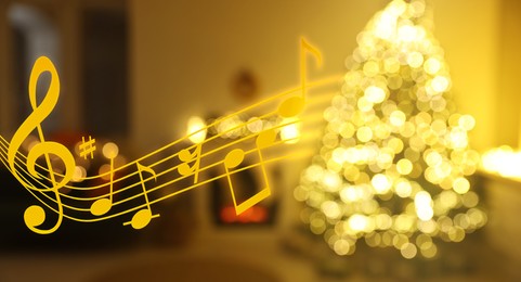 Music notes and blurred view of room decorated for Christmas and New Year celebration, bokeh effect. Banner design