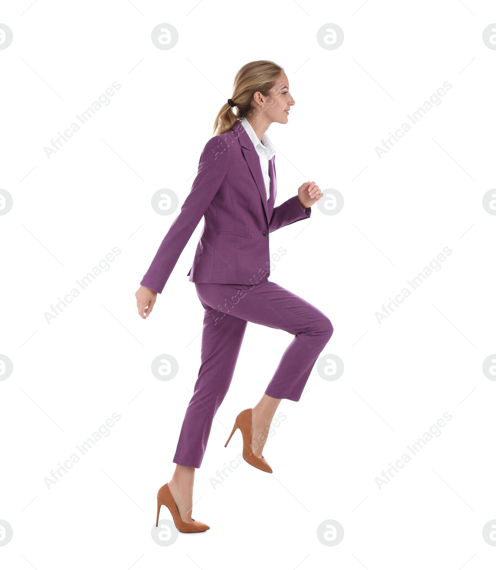 Photo of Businesswoman walking on white background. Career ladder