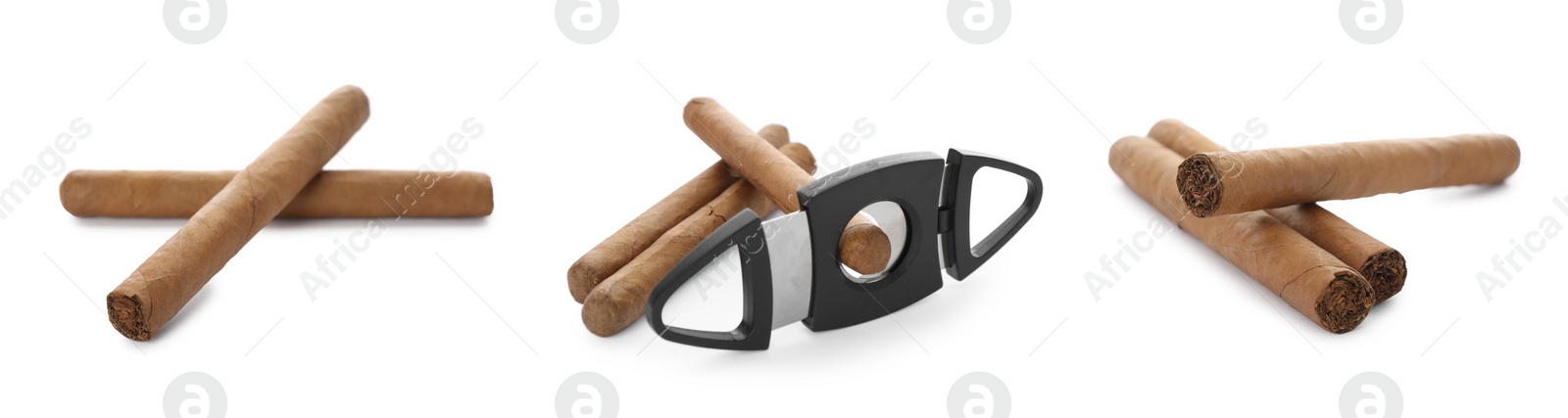Image of Set with cigars wrapped in tobacco leaves and guillotine cutter on white background. Banner design