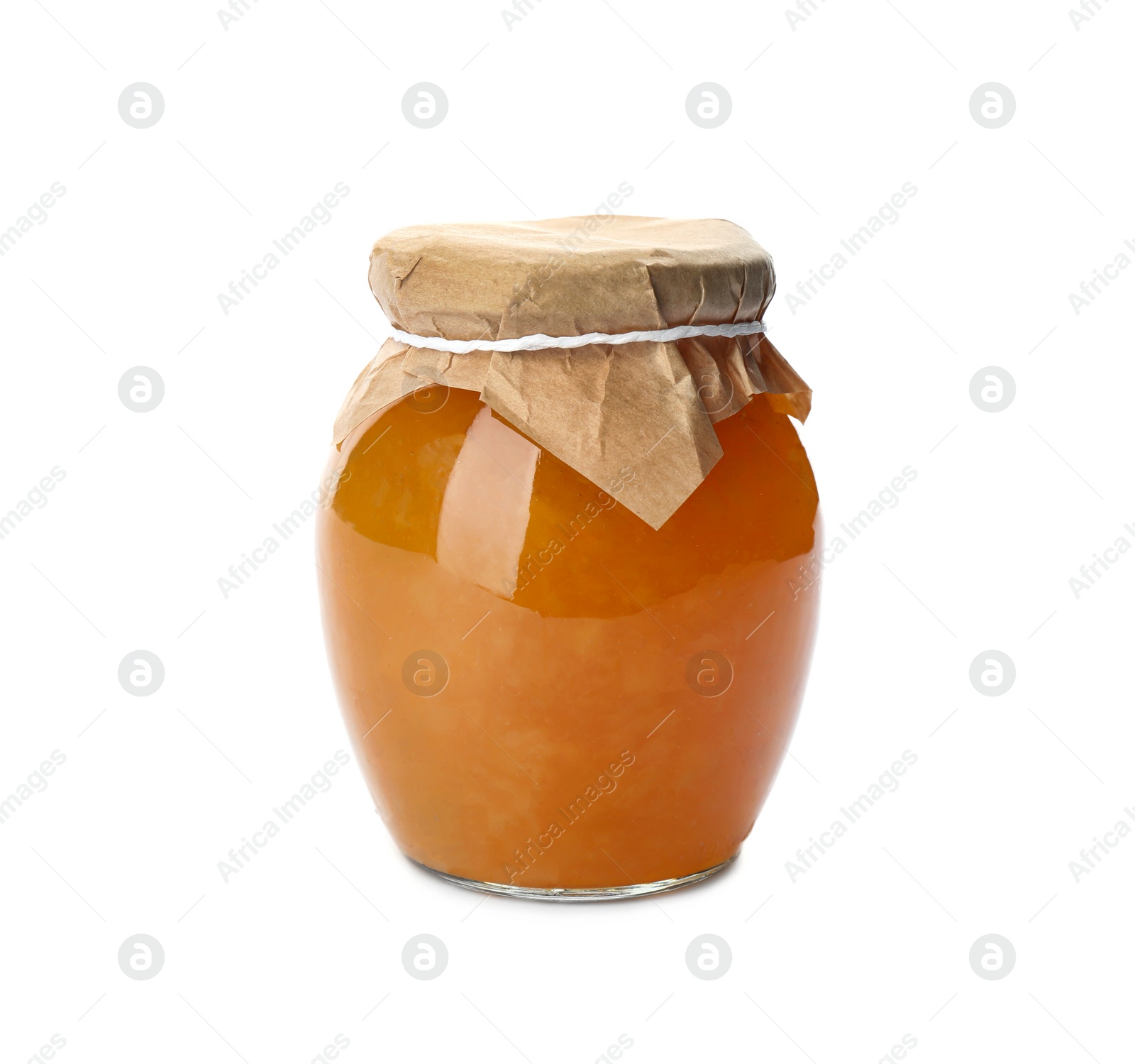 Photo of Delicious pear jam in glass jar isolated on white