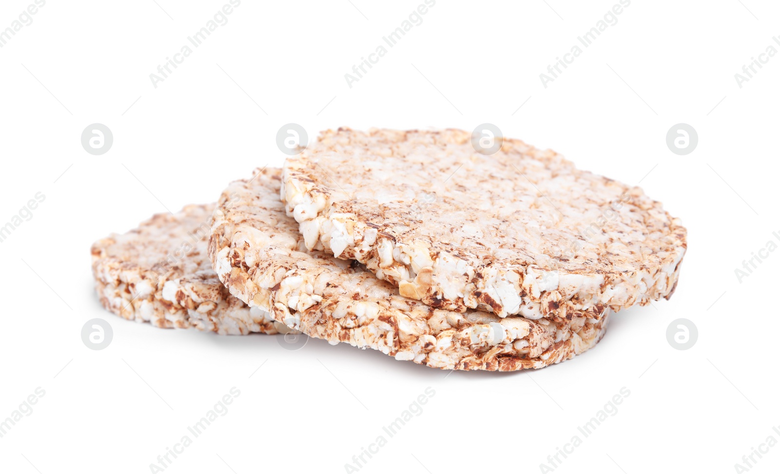 Photo of Tasty crunchy buckwheat cakes on white background